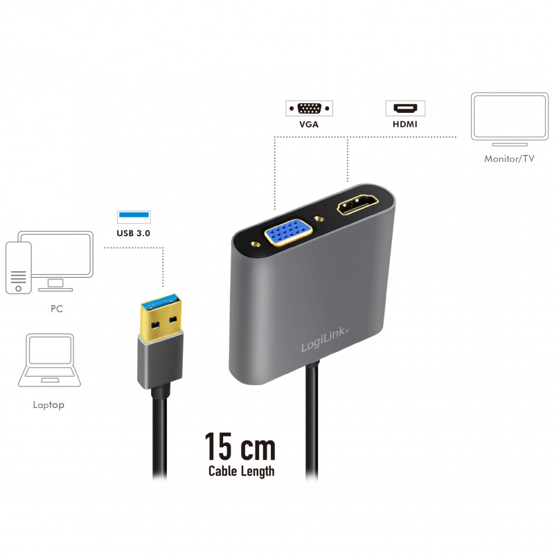 Produktbild för USB-A 3.0 -> HDMI-Hona + VGA-Hona Adapter