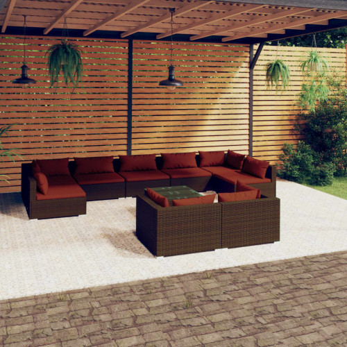 vidaXL Loungegrupp för trädgården med dynor 10delar brun konstrotting