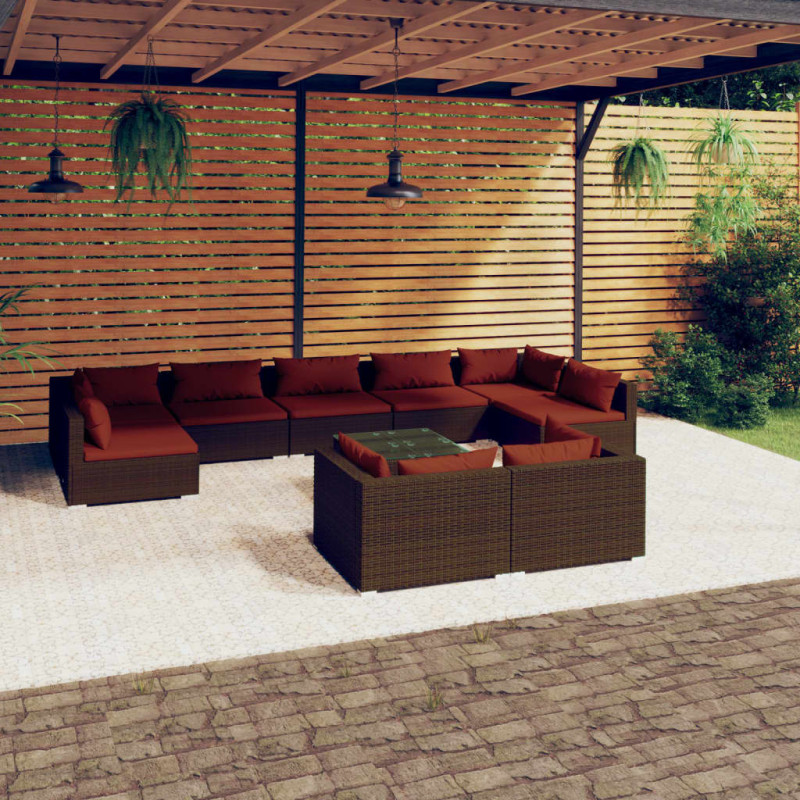 Produktbild för Loungegrupp för trädgården med dynor 10delar brun konstrotting