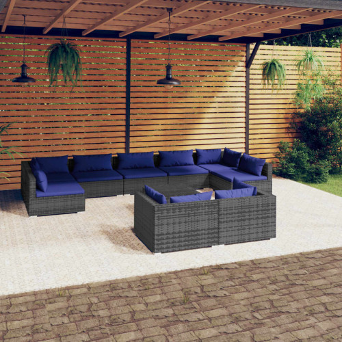 vidaXL Loungegrupp för trädgården med dynor 10 delar grå konstrotting
