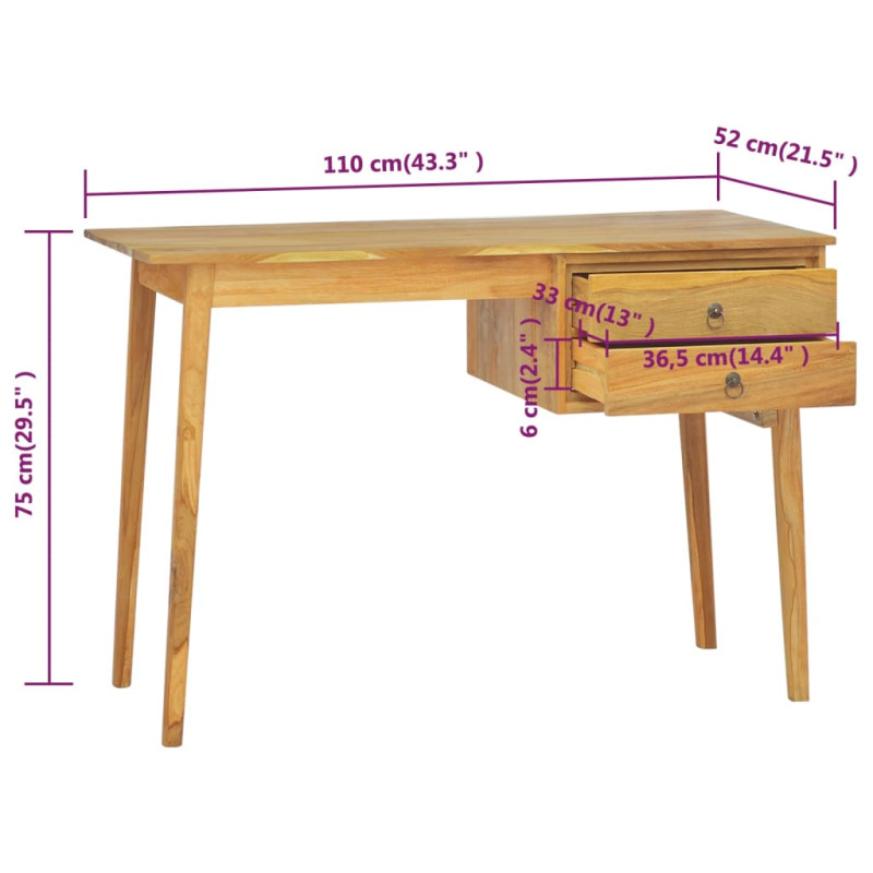 Produktbild för Skrivbord med 2 lådor 110x52x75 cm massivt teak