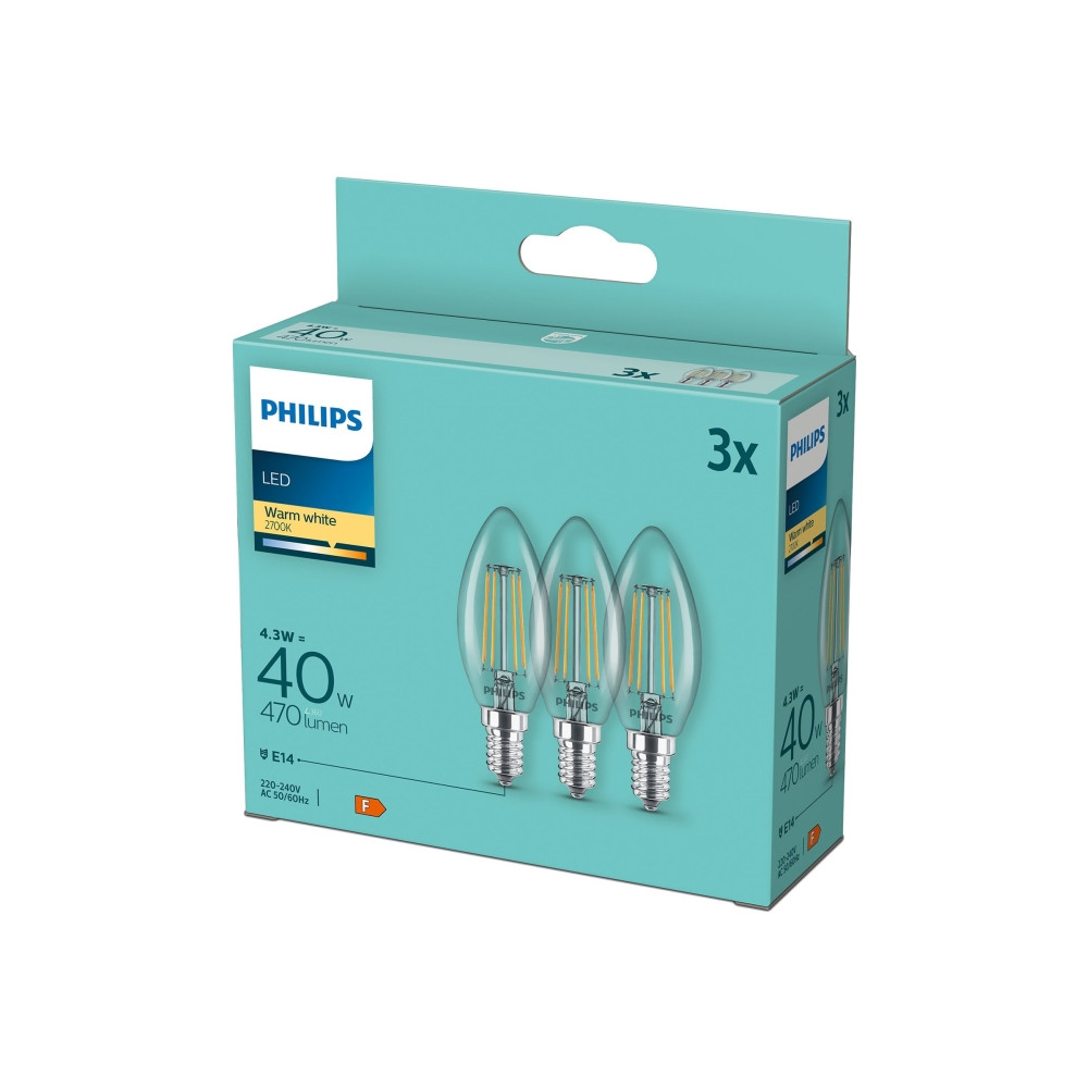 Produktbild för Philips - LED-glödlampa med filament - form: B35 - klar finish - E14 - 4.3 W - varmt vitt ljus - 2700 K (paket om 3)