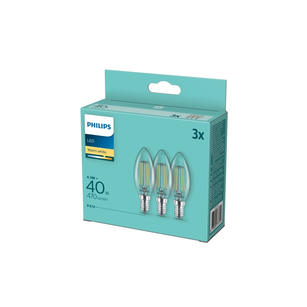Produktbild för Philips - LED-glödlampa med filament - form: B35 - klar finish - E14 - 4.3 W - varmt vitt ljus - 2700 K (paket om 3)