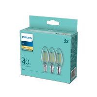 Produktbild för Philips - LED-glödlampa med filament - form: B35 - klar finish - E14 - 4.3 W - varmt vitt ljus - 2700 K (paket om 3)
