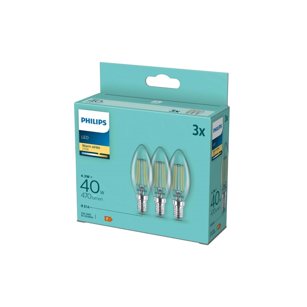 Produktbild för Philips - LED-glödlampa med filament - form: B35 - klar finish - E14 - 4.3 W - varmt vitt ljus - 2700 K (paket om 3)