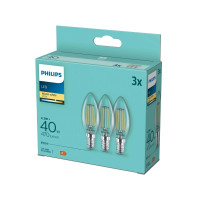 Produktbild för Philips - LED-glödlampa med filament - form: B35 - klar finish - E14 - 4.3 W - varmt vitt ljus - 2700 K (paket om 3)