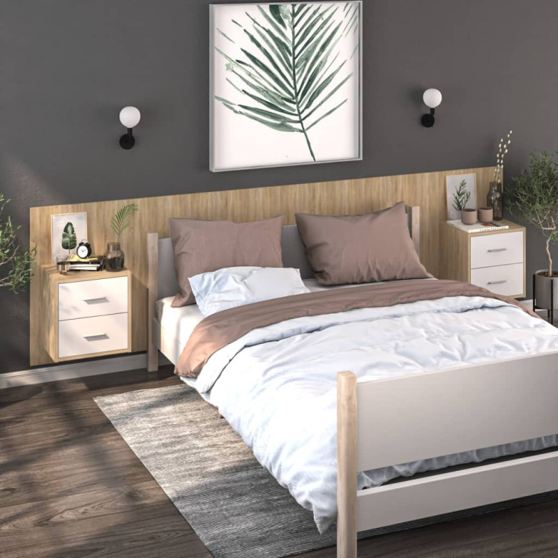 Produktbild för Väggmonterat sängbord vit och sonoma-ek