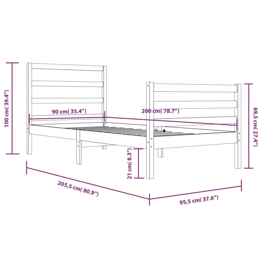 Produktbild för Sängram vit massiv furu 90x200 cm