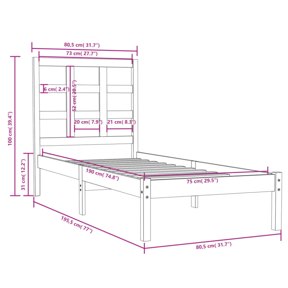 Produktbild för Sängram vit massivt trä 75x190 cm