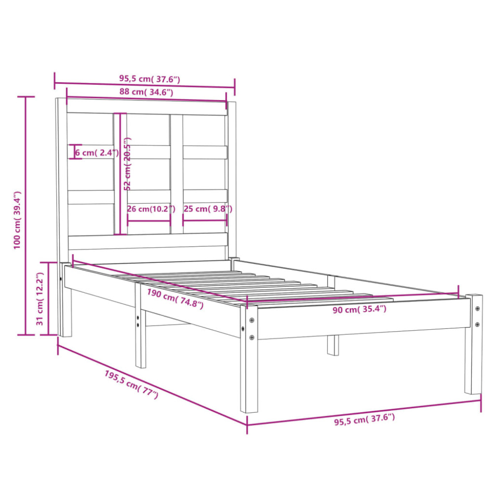 Produktbild för Sängram vit massivt trä 90x190 cm