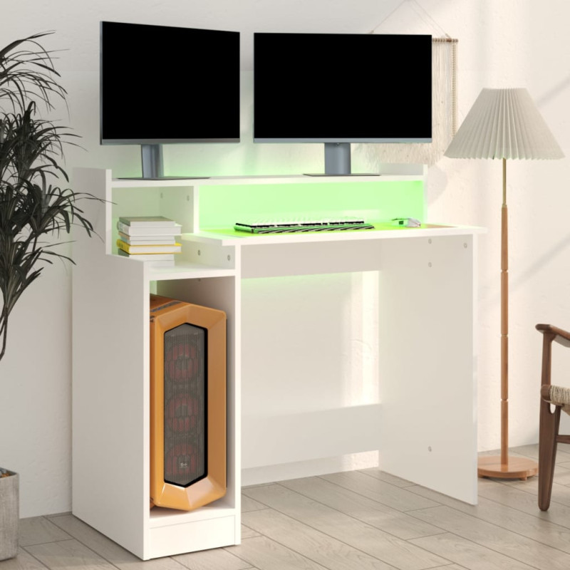 Produktbild för Skrivbord med LED vit 97x45x90 cm konstruerat trä