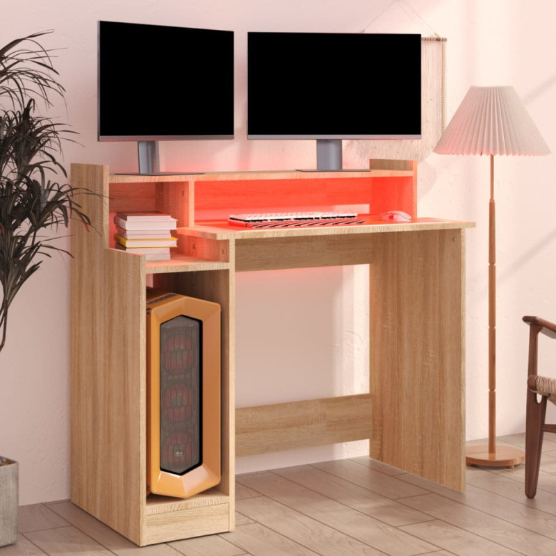 Produktbild för Skrivbord med LED sonoma-ek 97x45x90 cm konstruerat trä