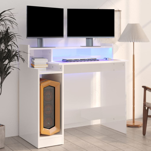 vidaXL Skrivbord med LED högglans vit 97x45x90 cm konstruerat trä