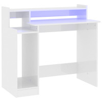 Miniatyr av produktbild för Skrivbord med LED högglans vit 97x45x90 cm konstruerat trä