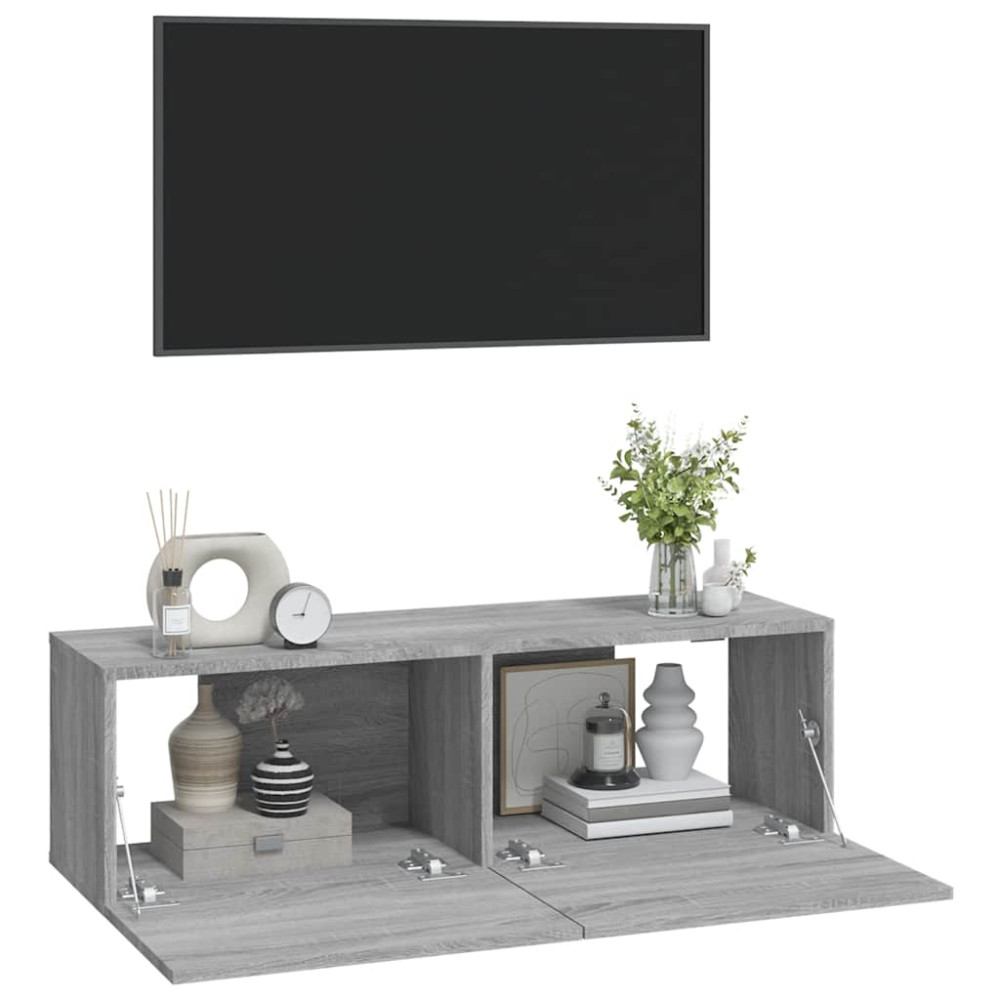 Produktbild för Väggmonterade tv-bänkar 2 st grå 100x30x30 cm konstruerat trä