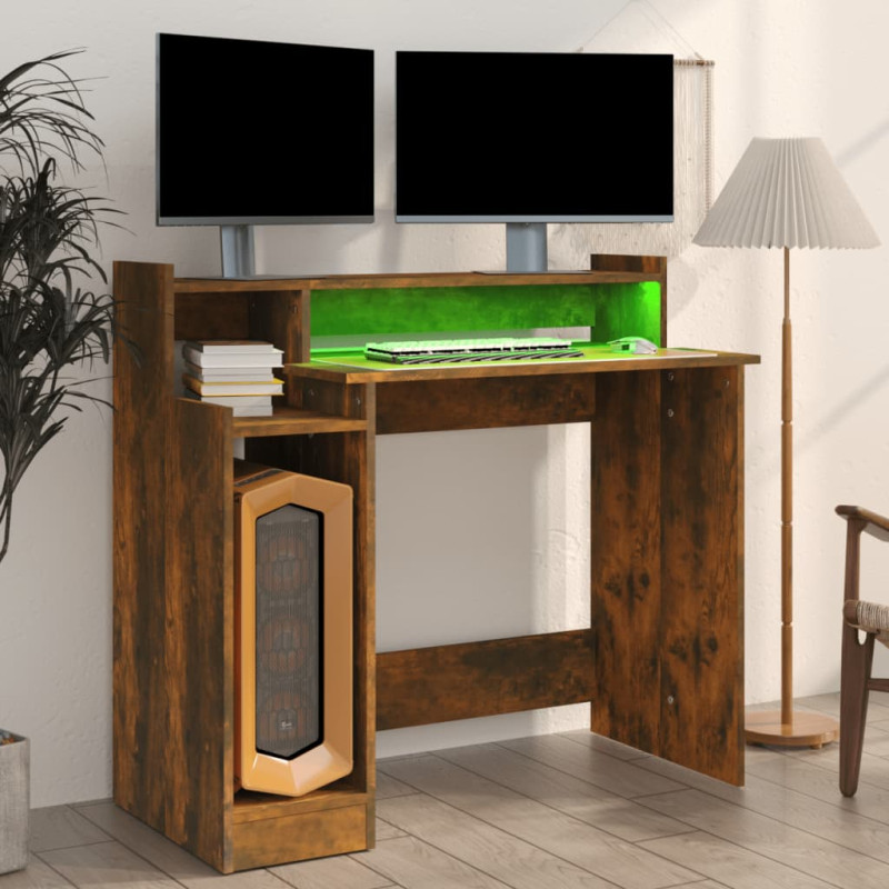 Produktbild för Skrivbord med LED rökfärgad ek 97x45x90 cm konstruerat trä