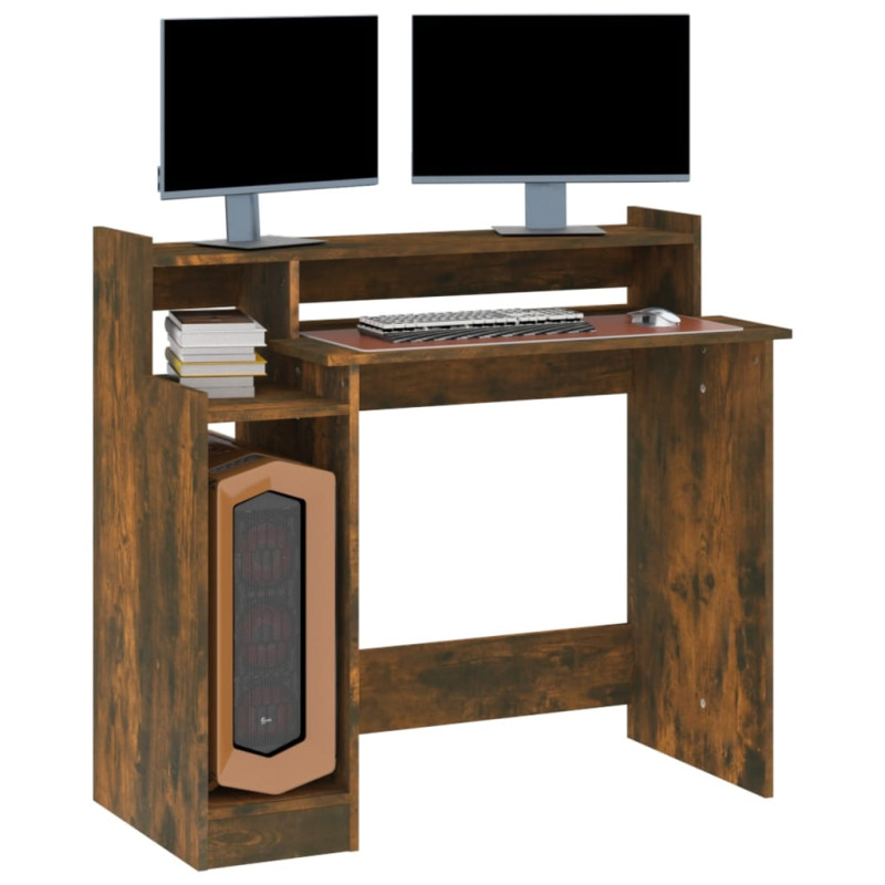 Produktbild för Skrivbord med LED rökfärgad ek 97x45x90 cm konstruerat trä