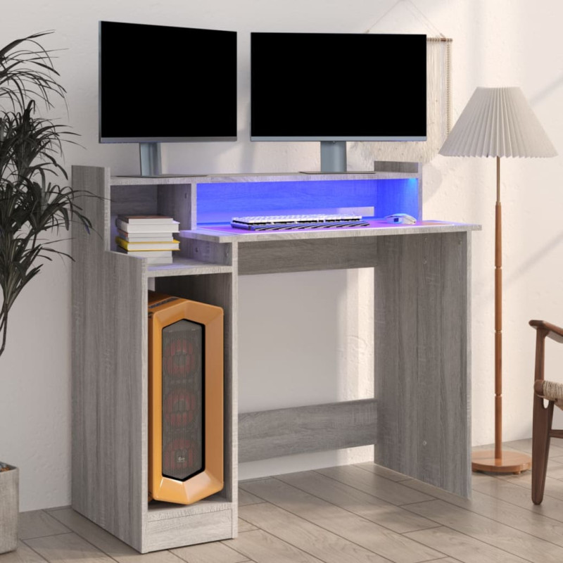 Produktbild för Skrivbord med LED grå sonoma 97x45x90 cm konstruerat trä