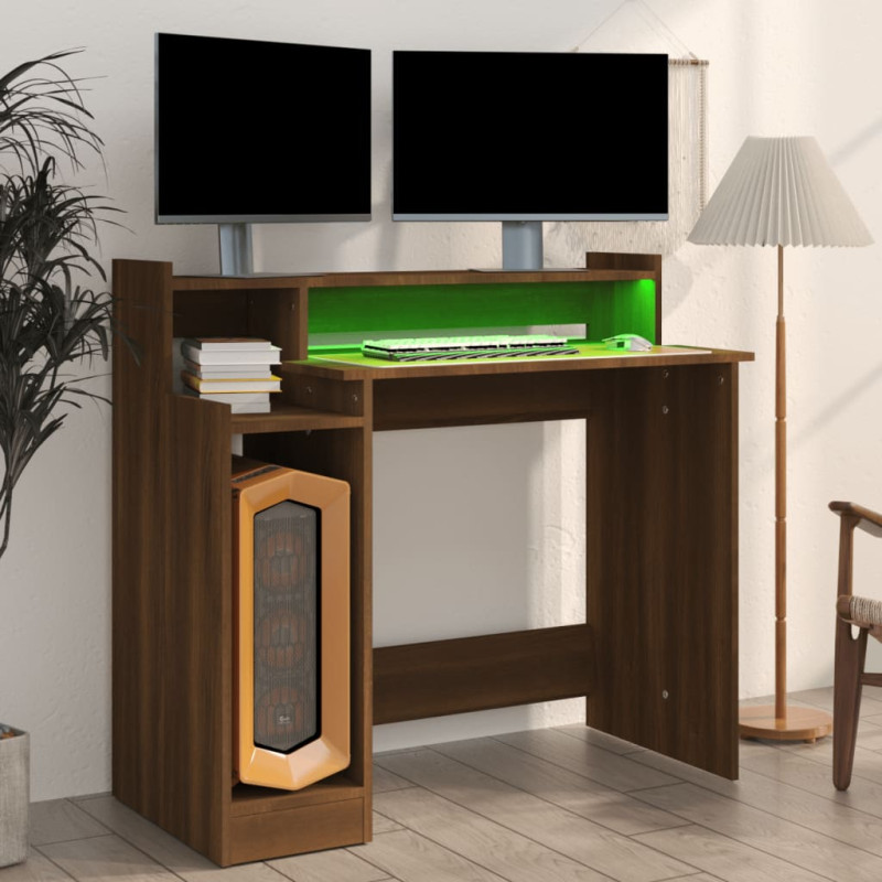 Produktbild för Skrivbord med LED brun ek 97x45x90 cm konstruerat trä