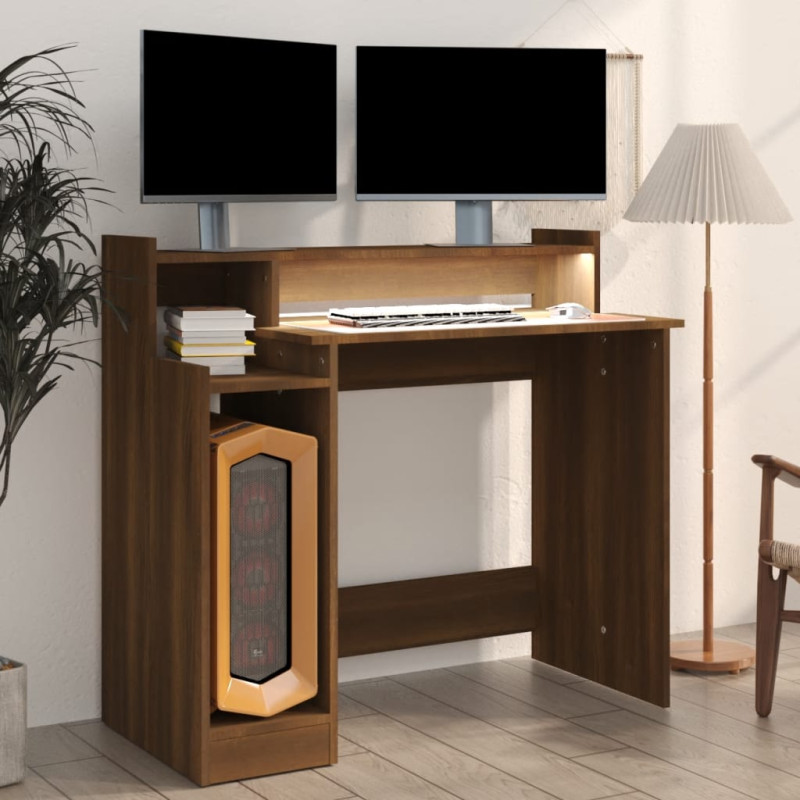 Produktbild för Skrivbord med LED brun ek 97x45x90 cm konstruerat trä