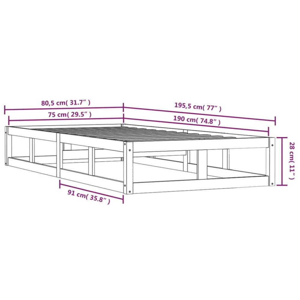 Produktbild för Sängram massivt trä 75x190 cm vit