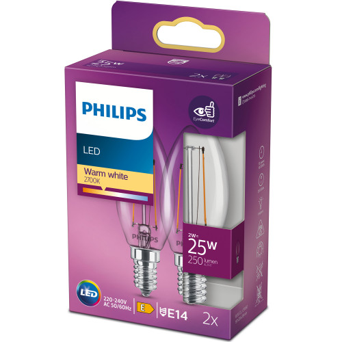 Philips 2-pack LED E14 Kron 2W (25W) Klar 250lm