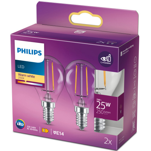 Philips 2-pack LED E14 Klot 2W (25W) Klar 250lm