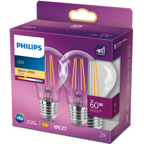 Philips 2-pack LED E27 Normal 7W (60W) Klar 806lm