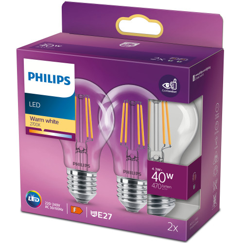 Philips 2-pack LED E27 Normal 4,3W (40W) Klar 470lm