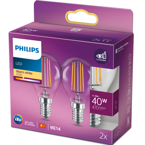 Philips 2-pack LED E14 Klot 4,3W (40W) Klar 250lm