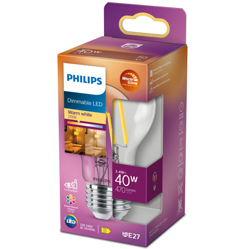 Philips LED E27 Normal 3,4W (40W) Klar Dim WarmGl 470
