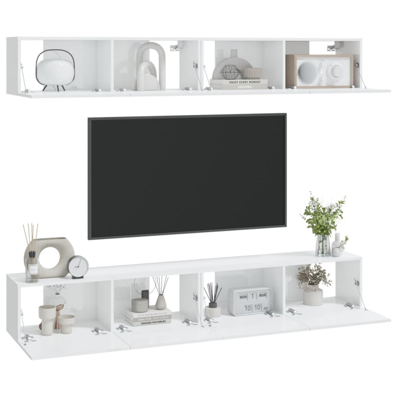 Produktbild för Väggmonterade tv-bänkar 4 st vit högglans 100x30x30 cm
