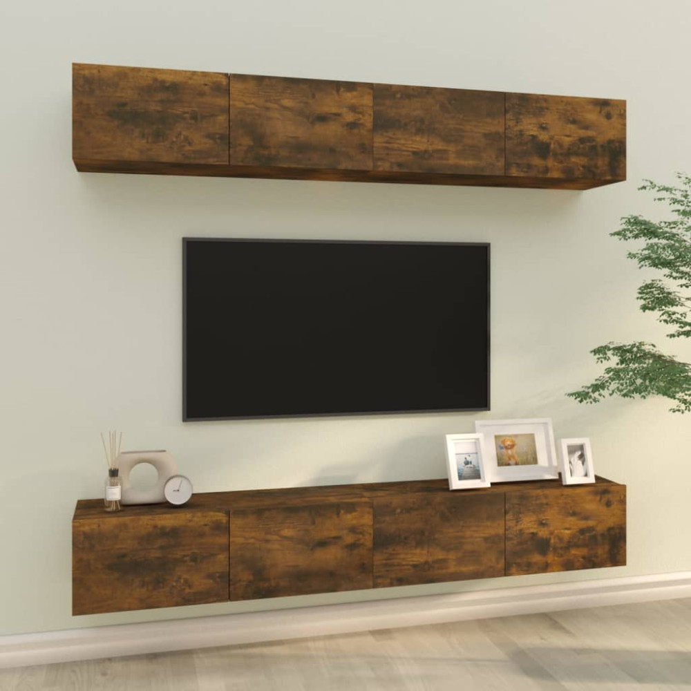 Produktbild för Väggmonterade tv-bänkar 4 delar rökfärgad ek 100x30x30 cm