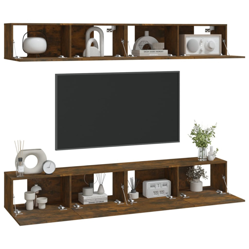 Produktbild för Väggmonterade tv-bänkar 4 delar rökfärgad ek 100x30x30 cm