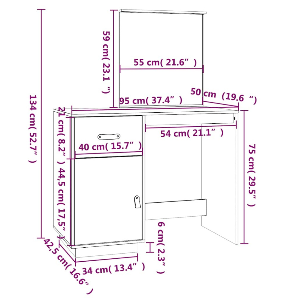 Produktbild för Sminkbord 95x50x134 cm massiv furu