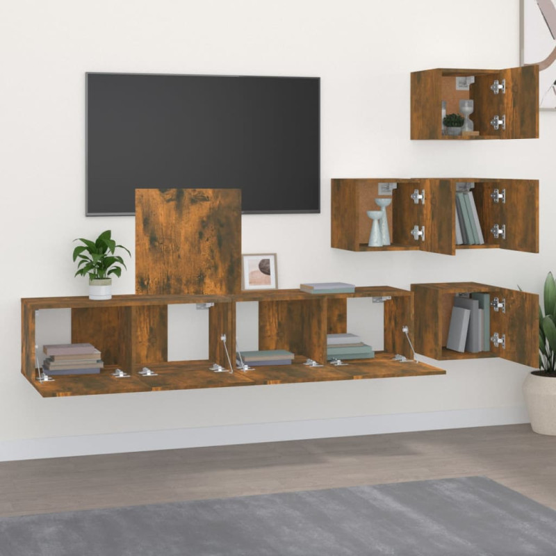 Produktbild för Väggmonterad tv-bänk rökfärgad ek konstruerat trä