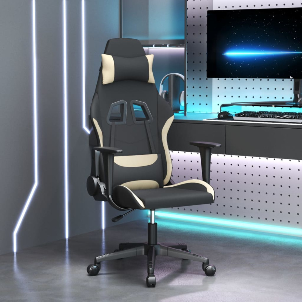 Produktbild för Gamingstol med massage svart och gräddvit tyg