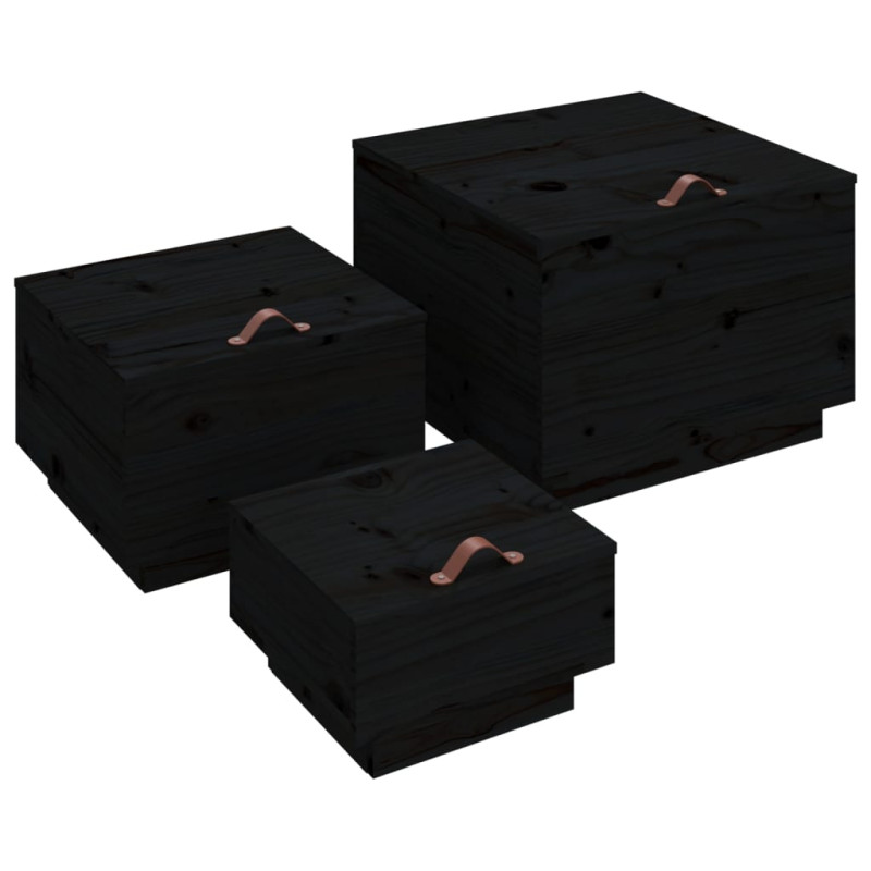 Produktbild för Förvaringslådor med lock 3 st svart massiv furu