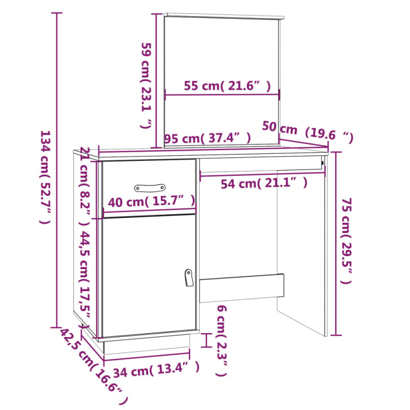 Produktbild för Sminkbord Vit 95x50x134 cm massiv furu