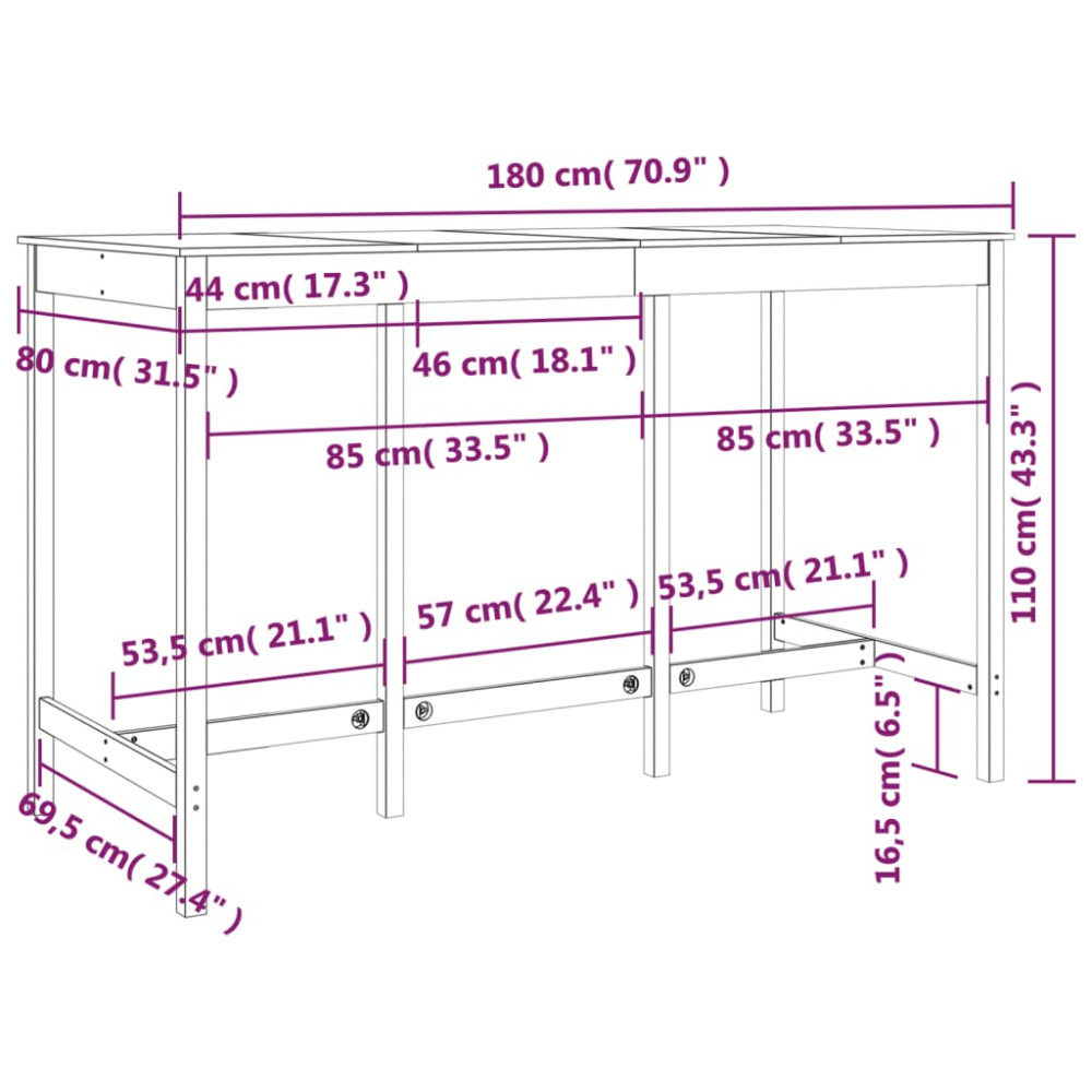 Produktbild för Barbord vit 180x80x110cm massiv furu