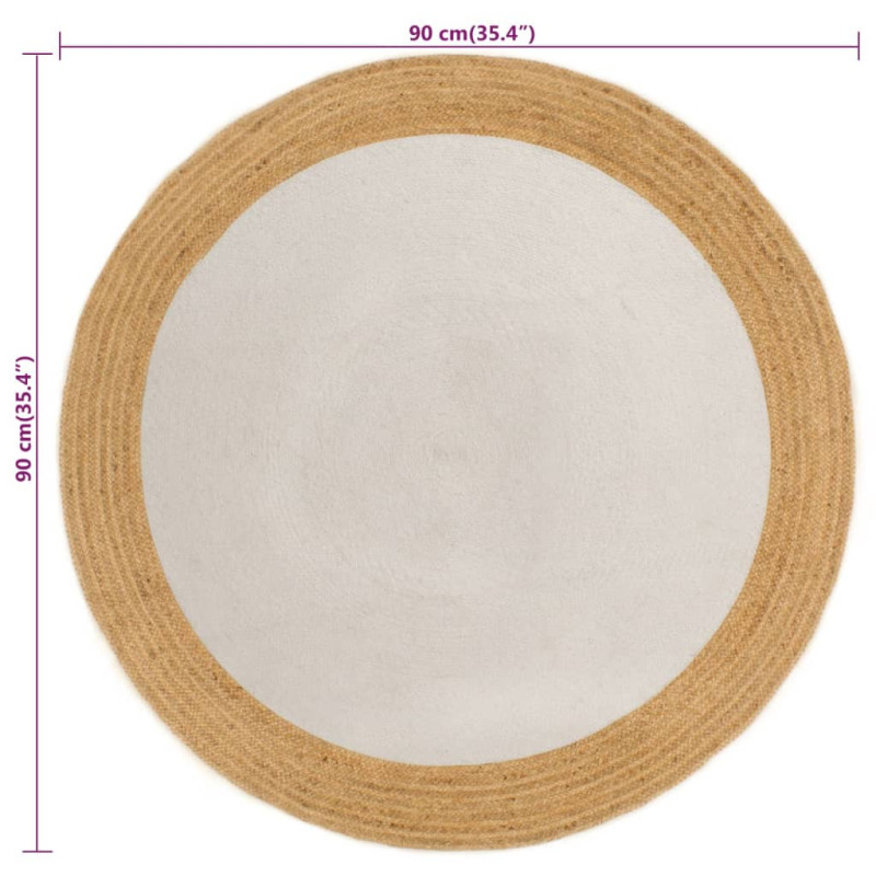 Produktbild för Matta flätad vit och naturlig 90 cm jute och bomull rund