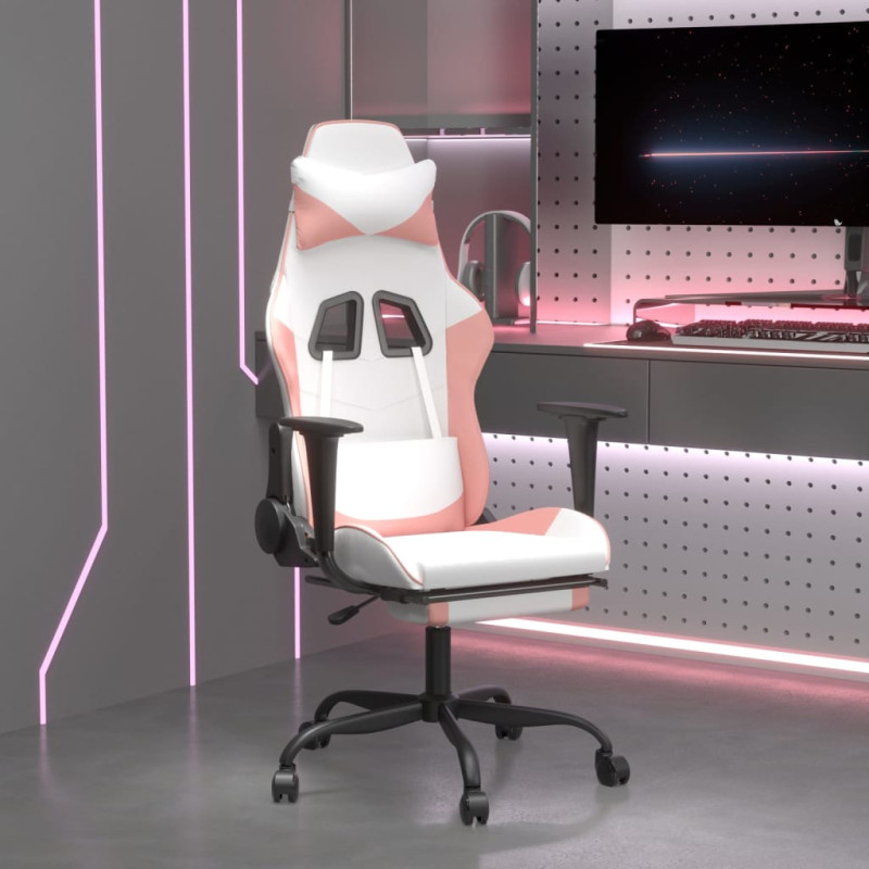Produktbild för Gamingstol med massage och fotstöd vit och rosa konstläder