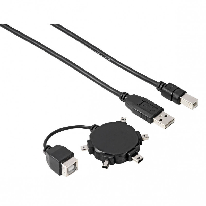 Produktbild för Kabel USB A-B Inkl 5x Adapter Svart 0.5m