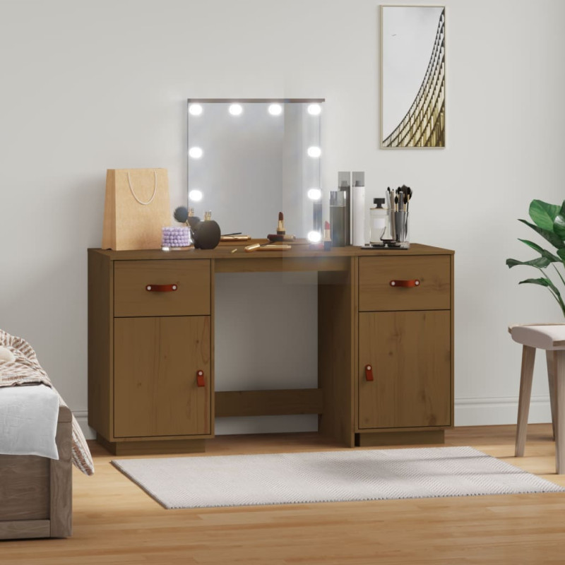 Produktbild för Sminkbord med spegel LED honungsbrun massiv furu