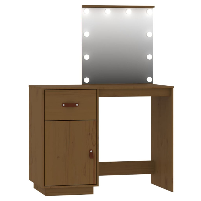 Produktbild för Sminkbord med spegel LED honungsbrun massiv furu