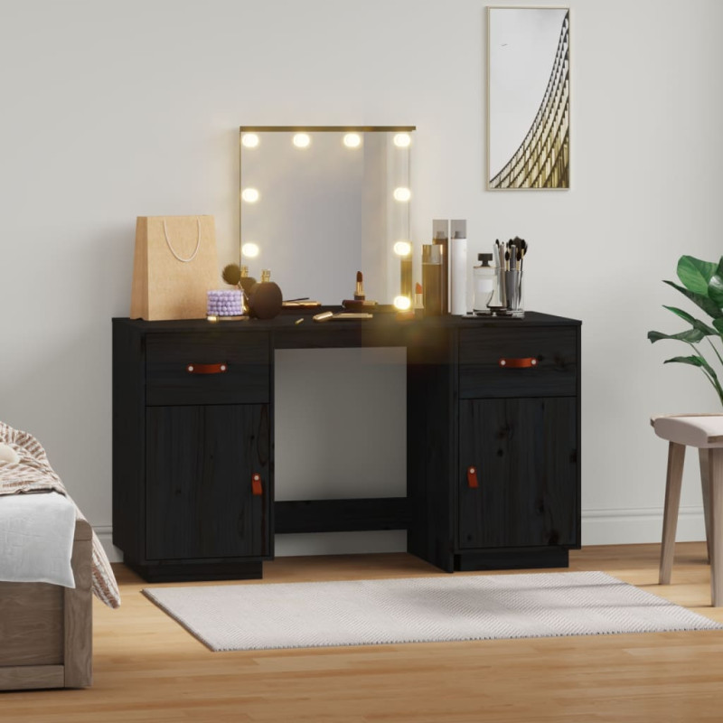 Produktbild för Sminkbord med spegel LED svart massiv furu