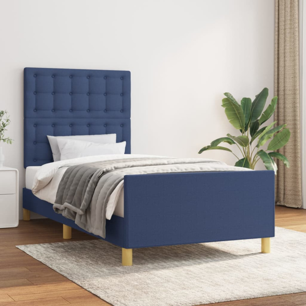Produktbild för Sängram med huvudgavel blå 90x190 cm tyg