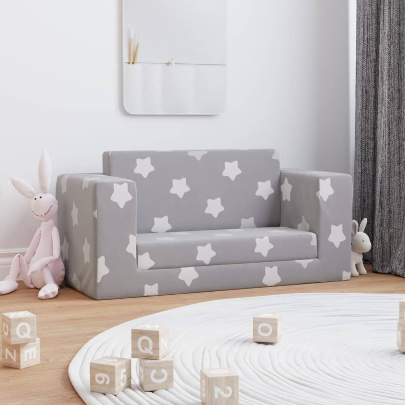 Produktbild för Bäddsoffa för barn 2-sits ljusgrå med stjärnor mjuk plysch