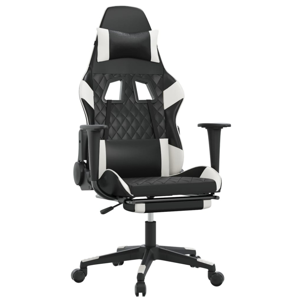Produktbild för Gamingstol med massage och fotstöd svart och vit konstläder