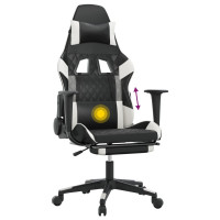 Produktbild för Gamingstol med massage och fotstöd svart och vit konstläder